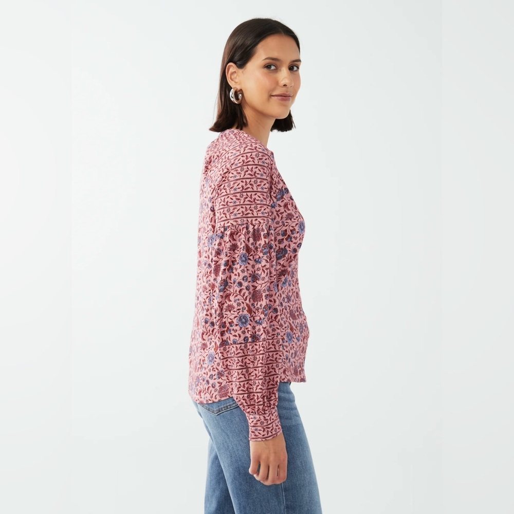 Boden Floral Printed Pink Jersey Blouse Long Ballon Sleeve Boho Button Up Top - Picture 2 of 9